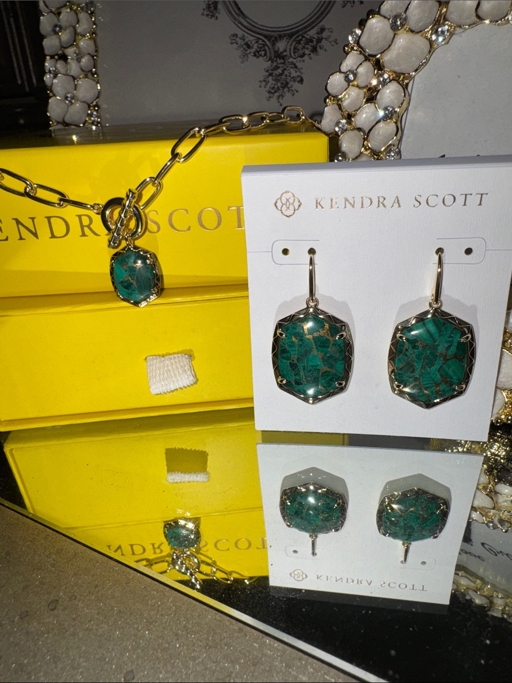 Kendra Scott Teal Marbled Stone Necklace and Drop Earrings Set